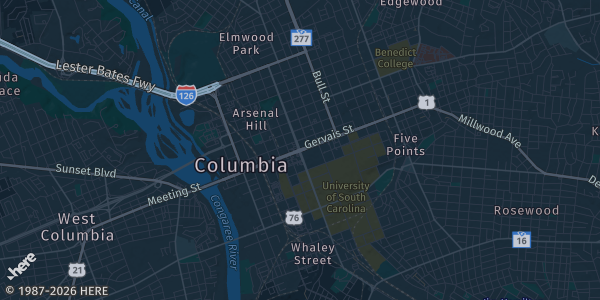 Map of Columbia, SC. The exact address of Columbia Metropolitan Convention Center is not known, so the map shows the area rather than a specific building.