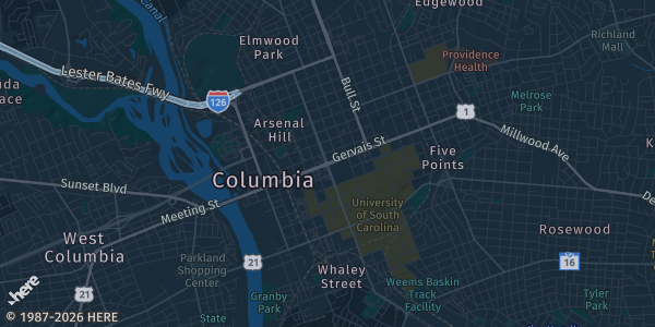 Map of Columbia, SC. The exact address of Columbia Metropolitan Convention Center is not known, so the map shows the area rather than a specific building.