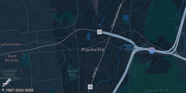 Map of Plainville, CT. The exact address of Plainville VFW is not known, so the map shows the area rather than a specific building.