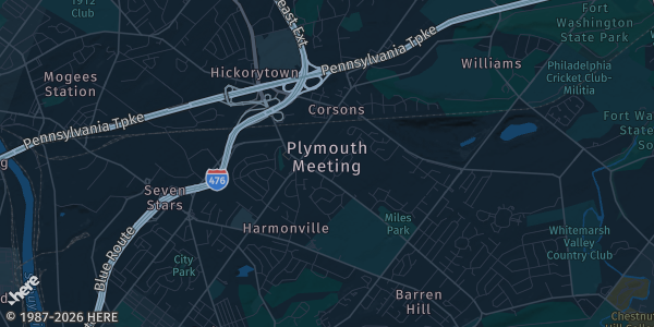Map of Plymouth Meeting, PA. The exact address of Plymouth Meeting Mall is not known, so the map shows the area rather than a specific building.