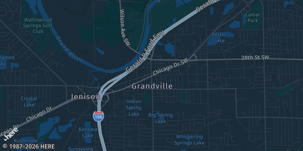 Map of Grandville, MI. The exact address of Rivertown Crossing Mall is not known, so the map shows the area rather than a specific building.