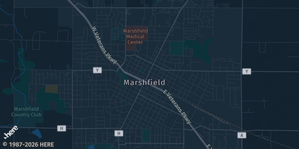 Map of Marshfield, WI. The exact address of Marshfield Mall is not known, so the map shows the area rather than a specific building.