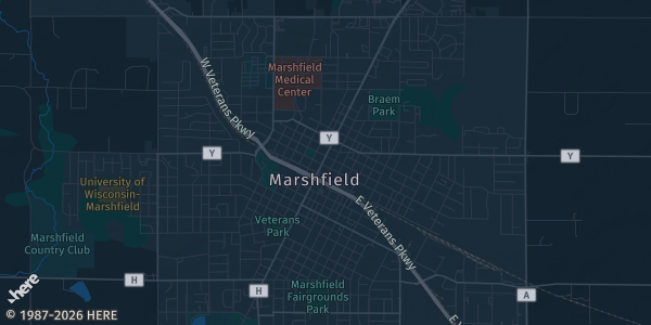 Map of Marshfield, WI. The exact address of Marshfield Mall is not known, so the map shows the area rather than a specific building.