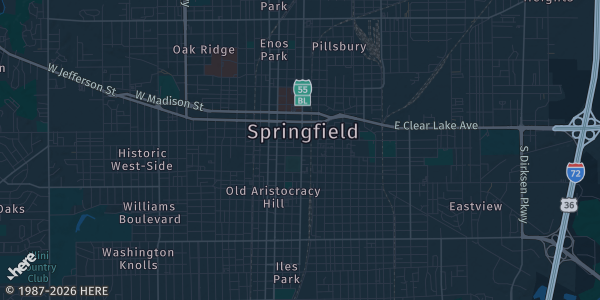 Map of Springfield, IL. The exact address of Route 66 Hotel & Conference Center is not known, so the map shows the area rather than a specific building.