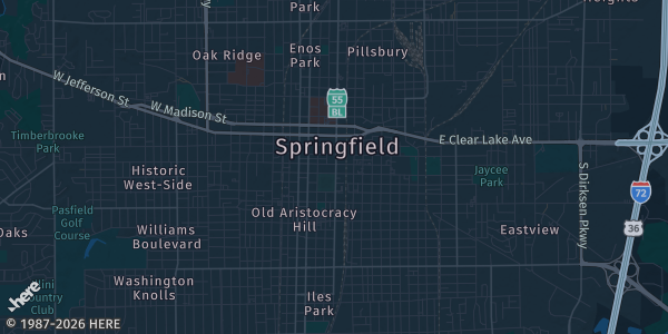 Map of Springfield, IL. The exact address of Route 66 Hotel & Conference Center is not known, so the map shows the area rather than a specific building.