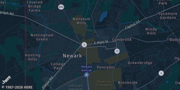 Map of Newark, DE. The exact address of Ramada Inn Newark is not known, so the map shows the area rather than a specific building.