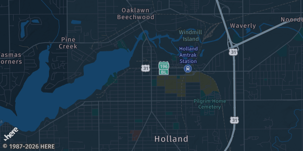 Map of Holland, MI. The exact address of Holland Civic Center is not known, so the map shows the area rather than a specific building.