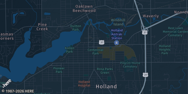 Map of Holland, MI. The exact address of Holland Civic Center is not known, so the map shows the area rather than a specific building.