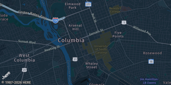 Map of Columbia, SC. The exact address of Sports Cards and Collectible Show is not known, so the map shows the area rather than a specific building.