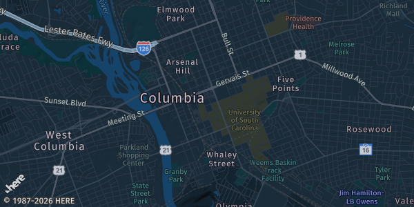 Map of Columbia, SC. The exact address of Sports Cards and Collectible Show is not known, so the map shows the area rather than a specific building.