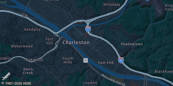 Map of Charleston, WV. The exact address of Charleston Coliseum & Convention Center is not known, so the map shows the area rather than a specific building.