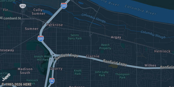 Map of Portland, OR. The exact address of Parkrose High School is not known, so the map shows the area rather than a specific building.