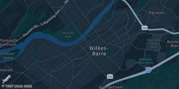 Map of Wilkes Barre, PA. The exact address of Holiday Inn / Double Tree By Hilton is not known, so the map shows the area rather than a specific building.