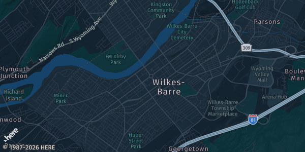 Map of Wilkes Barre, PA. The exact address of Holiday Inn / Double Tree By Hilton is not known, so the map shows the area rather than a specific building.