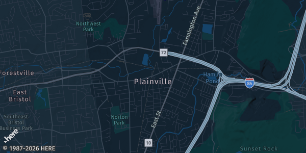 Map of Plainville, CT. The exact address of Plainville VFW is not known, so the map shows the area rather than a specific building.