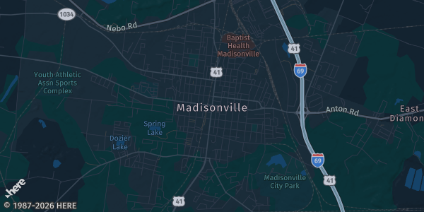 Map of Madisonville, KY. The exact address of Parkway Plaza Mall is not known, so the map shows the area rather than a specific building.