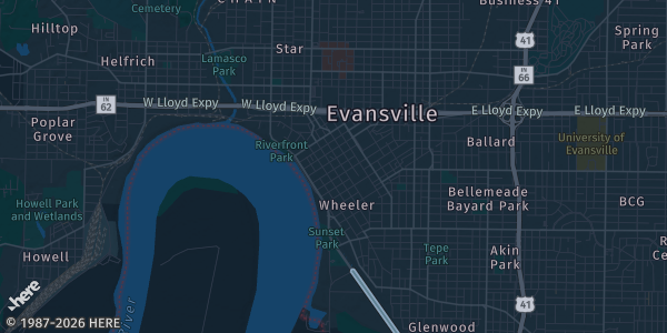 Map of Evansville, IN. The exact address of Washington Square Mall is not known, so the map shows the area rather than a specific building.