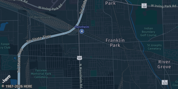 Map of Franklin Park, IL. The exact address of American Legion Post 974 is not known, so the map shows the area rather than a specific building.