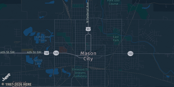 Map of Mason City, IA. The exact address of Southbridge Mall is not known, so the map shows the area rather than a specific building.