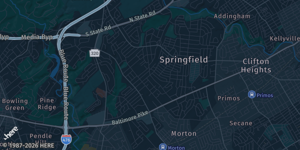 Map of Springfield, PA. The exact address of Springfield Mall is not known, so the map shows the area rather than a specific building.