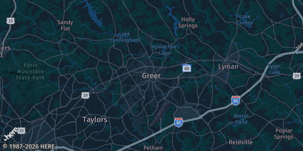Map of Greer, SC. The exact address of Prisma Health Performance Center is not known, so the map shows the area rather than a specific building.