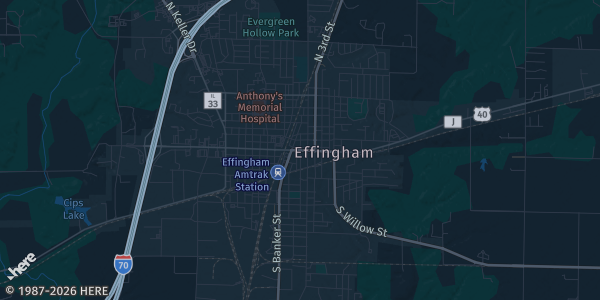 Map of Effingham, IL. The exact address of Effingham Event Center is not known, so the map shows the area rather than a specific building.