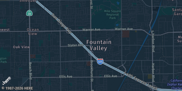 Map of Fountain Valley, CA. The exact address of Fountain Valley Sports Basement is not known, so the map shows the area rather than a specific building.
