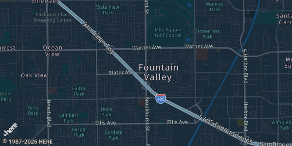 Map of Fountain Valley, CA. The exact address of Fountain Valley Sports Basement is not known, so the map shows the area rather than a specific building.
