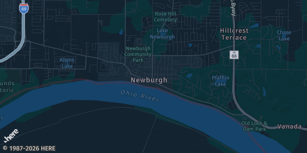 Map of Newburgh, IN. The exact address of American Legion Post 44 is not known, so the map shows the area rather than a specific building.