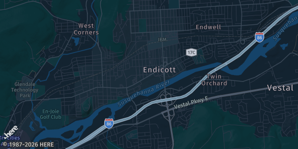 Map of Endicott, NY. The exact address of Endicott American Legion Post 82 is not known, so the map shows the area rather than a specific building.