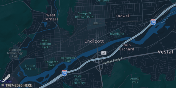Map of Endicott, NY. The exact address of Endicott American Legion Post 82 is not known, so the map shows the area rather than a specific building.
