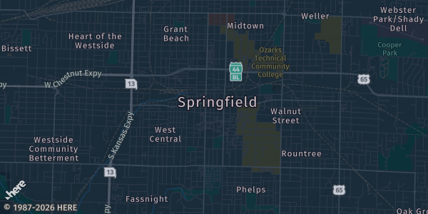 Map of Springfield, MO. The exact address of Battlefield Mall is not known, so the map shows the area rather than a specific building.