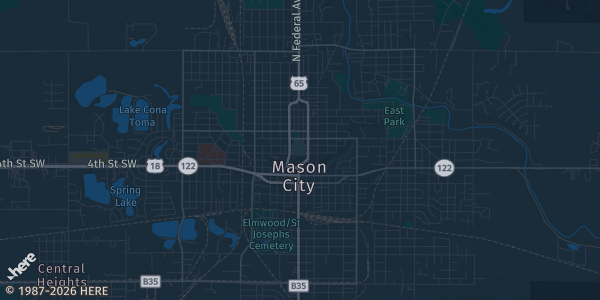 Map of Mason City, IA. The exact address of Sports Cards and Collectible Show is not known, so the map shows the area rather than a specific building.
