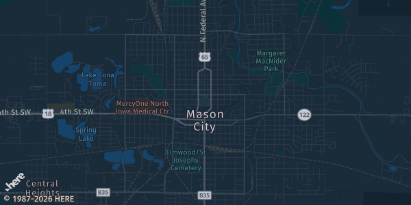 Map of Mason City, IA. The exact address of Sports Cards and Collectible Show is not known, so the map shows the area rather than a specific building.