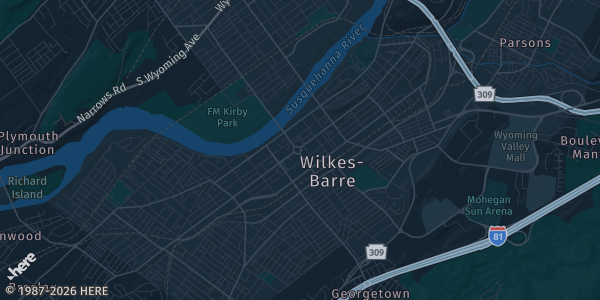 Map of Wilkes Barre, PA. The exact address of Holiday Inn / Double Tree By Hilton is not known, so the map shows the area rather than a specific building.