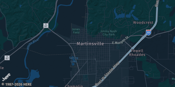 Map of Martinsville, IN. The exact address of American Legion 230 is not known, so the map shows the area rather than a specific building.