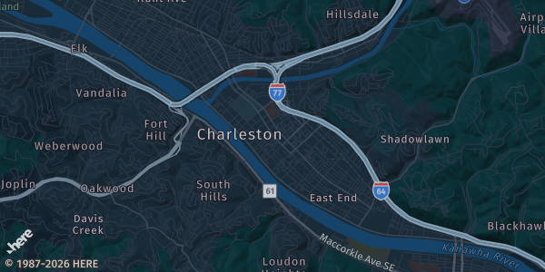 Map of Charleston, WV. The exact address of Charleston Coliseum & Convention Center is not known, so the map shows the area rather than a specific building.