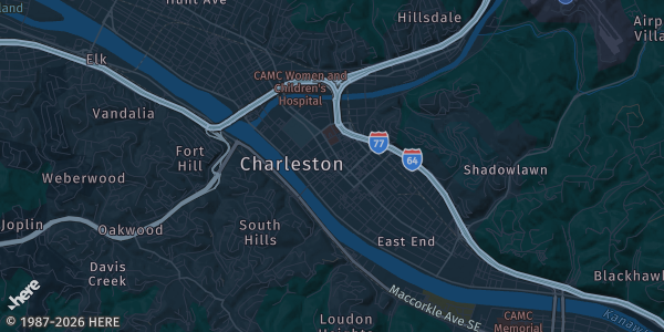 Map of Charleston, WV. The exact address of Charleston Coliseum & Convention Center is not known, so the map shows the area rather than a specific building.