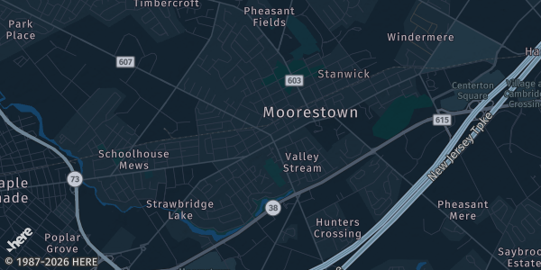 Map of Moorestown, NJ. The exact address of Moorestown Mall is not known, so the map shows the area rather than a specific building.