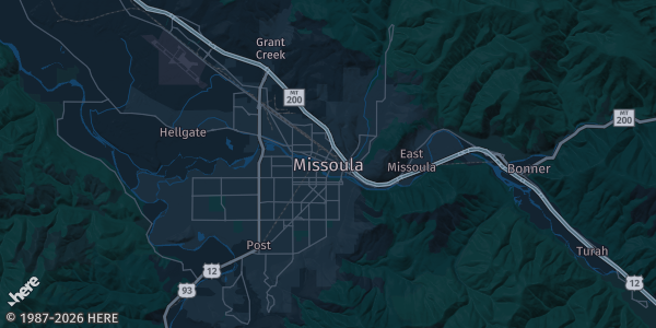 Map of Missoula, MT. The exact address of Hilton Garden Inn Ballroom is not known, so the map shows the area rather than a specific building.