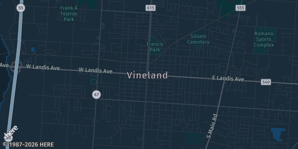 Map of Vineland, NJ. The exact address of Cumberland Mall is not known, so the map shows the area rather than a specific building.