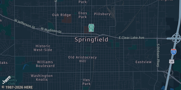 Map of Springfield, IL. The exact address of Route 66 Hotel & Conference Center is not known, so the map shows the area rather than a specific building.