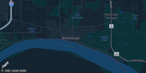 Map of Newburgh, IN. The exact address of American Legion Post 44 is not known, so the map shows the area rather than a specific building.