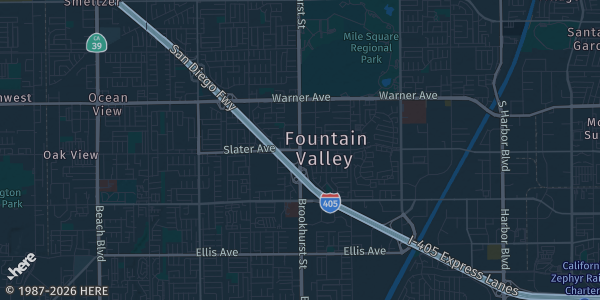 Map of Fountain Valley, CA. The exact address of Fountain Valley Sports Basement is not known, so the map shows the area rather than a specific building.
