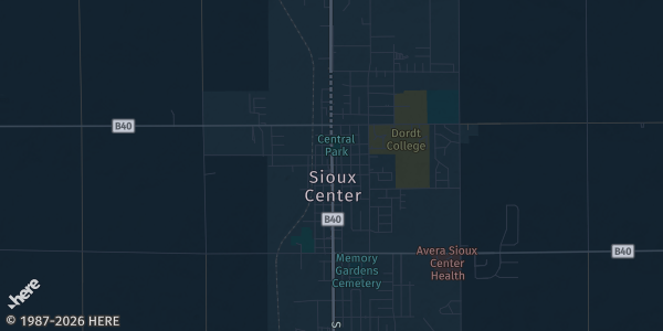 Map of Sioux Center, IA. The exact address of Centre Mall is not known, so the map shows the area rather than a specific building.
