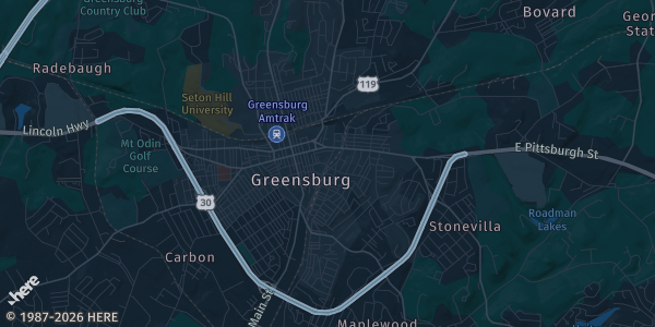 Map of Greenburg, PA. The exact address of Westmoreland Mall is not known, so the map shows the area rather than a specific building.