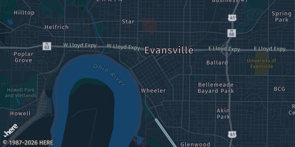 Map of Evansville, IN. The exact address of Washington Square Mall is not known, so the map shows the area rather than a specific building.