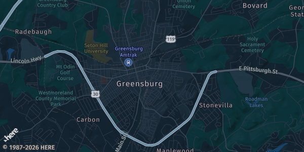 Map of Greensburg, PA. The exact address of Westmoreland Mall is not known, so the map shows the area rather than a specific building.