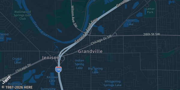 Map of Grandville, MI. The exact address of Rivertown Crossing Mall is not known, so the map shows the area rather than a specific building.