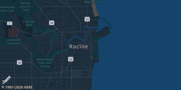 Map of Racine, WI. The exact address of WSCA - Roma Lodge is not known, so the map shows the area rather than a specific building.